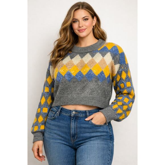 Zara Sweaters - Zara Knit Cropped Argyle Sweater Sequin Detail Gray Yellow Blue Small